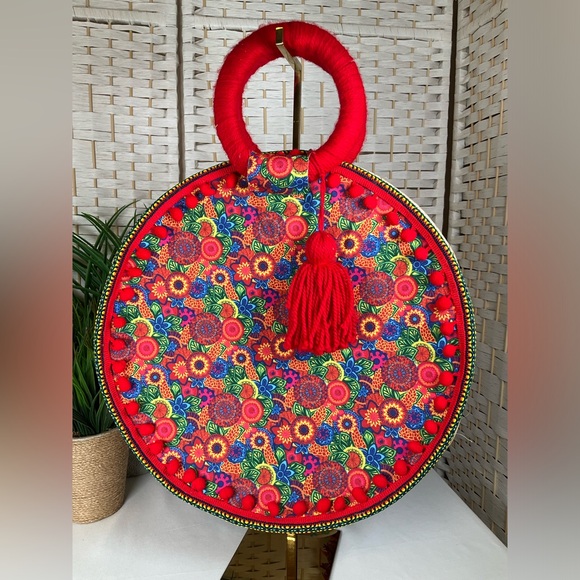 Handbags - Mexican Artisanal Floral Bag|Mexican Purse with Tassels- Round Straw Clutch